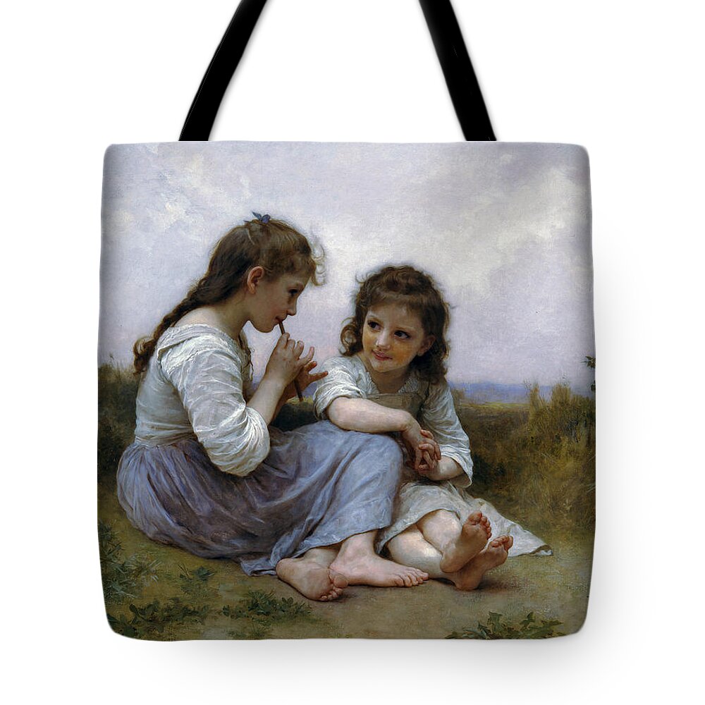 A Childhood Idyll Tote Bag featuring the digital art A Childhood Idyll by William Bouguereau