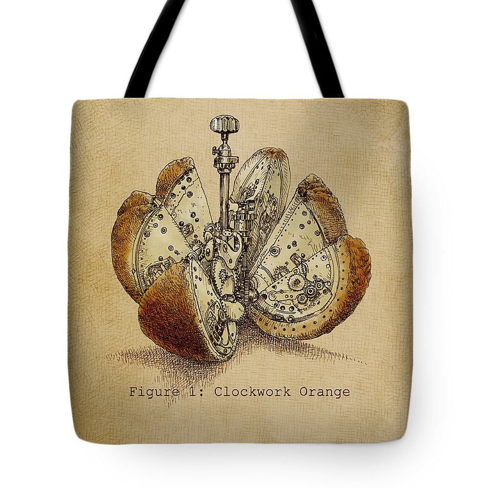 Orange Tote Bag featuring the drawing Steampunk Orange - Option by Eric Fan