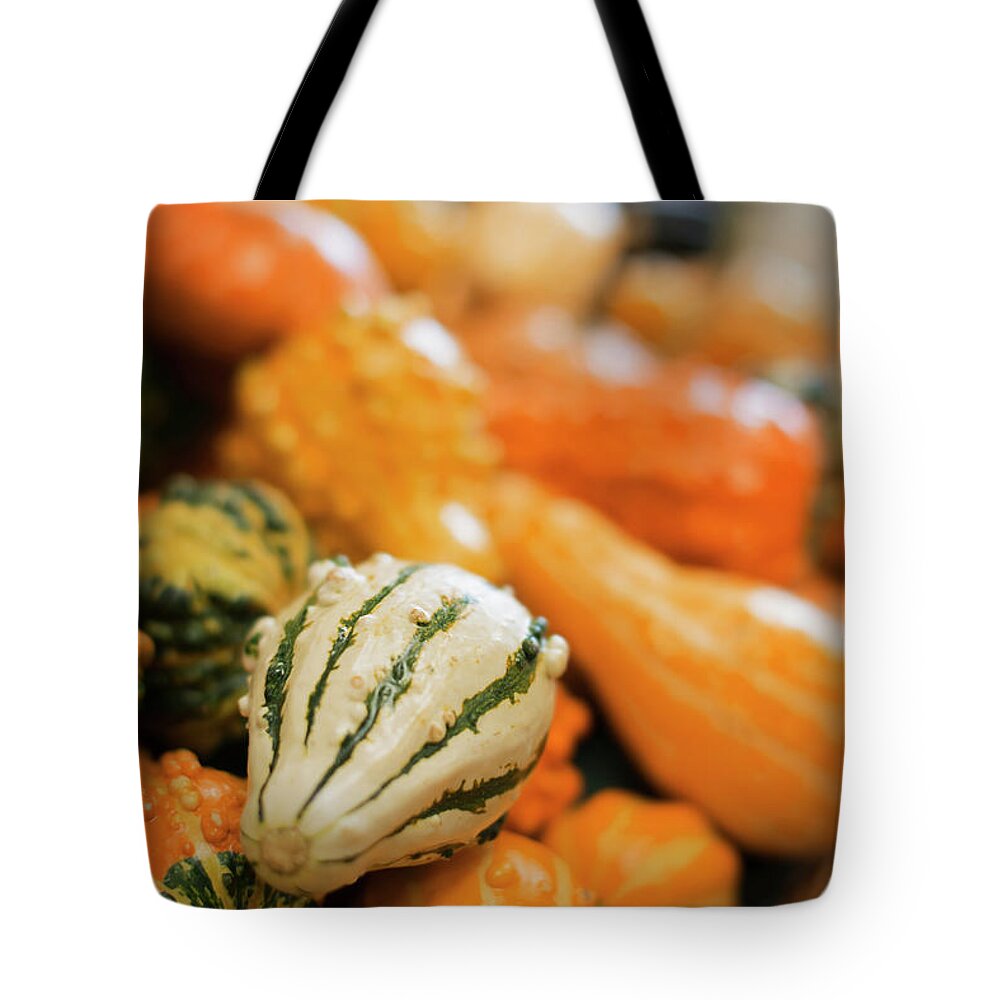 Gourd Tote Bag featuring the photograph A Farm Stand, With A Display Of Gourds by Mint Images - Tim Pannell