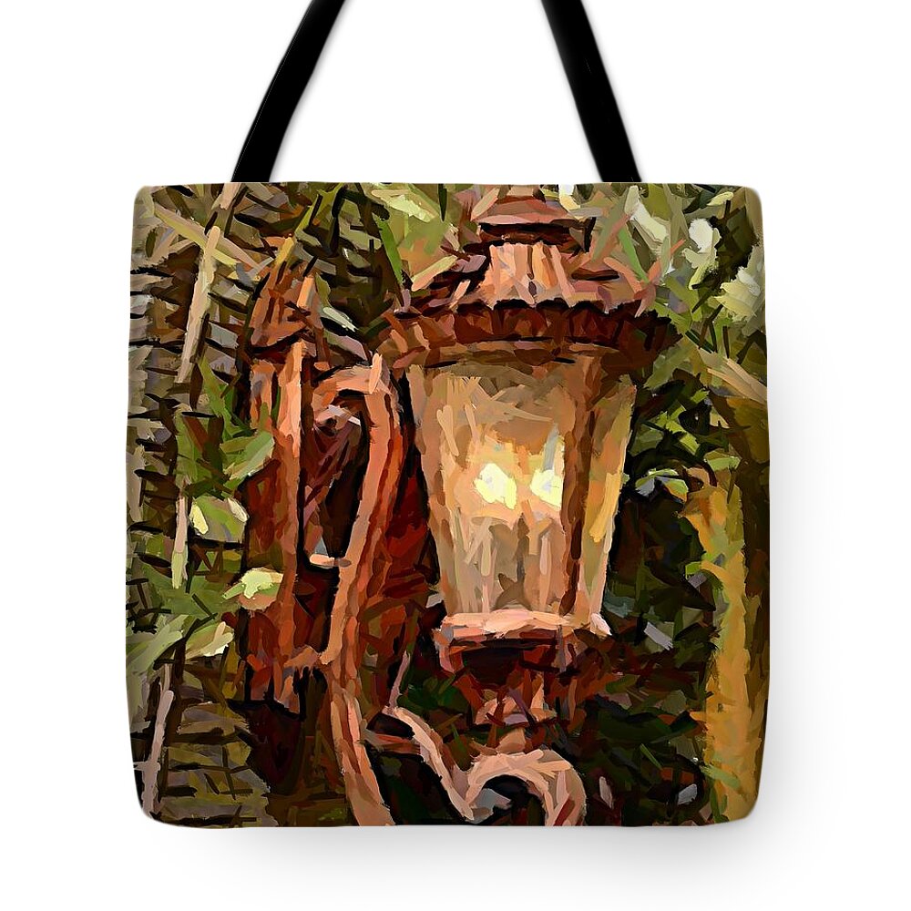 Landscapes Tote Bag featuring the painting A lamp at the entrance by Dragica Micki Fortuna