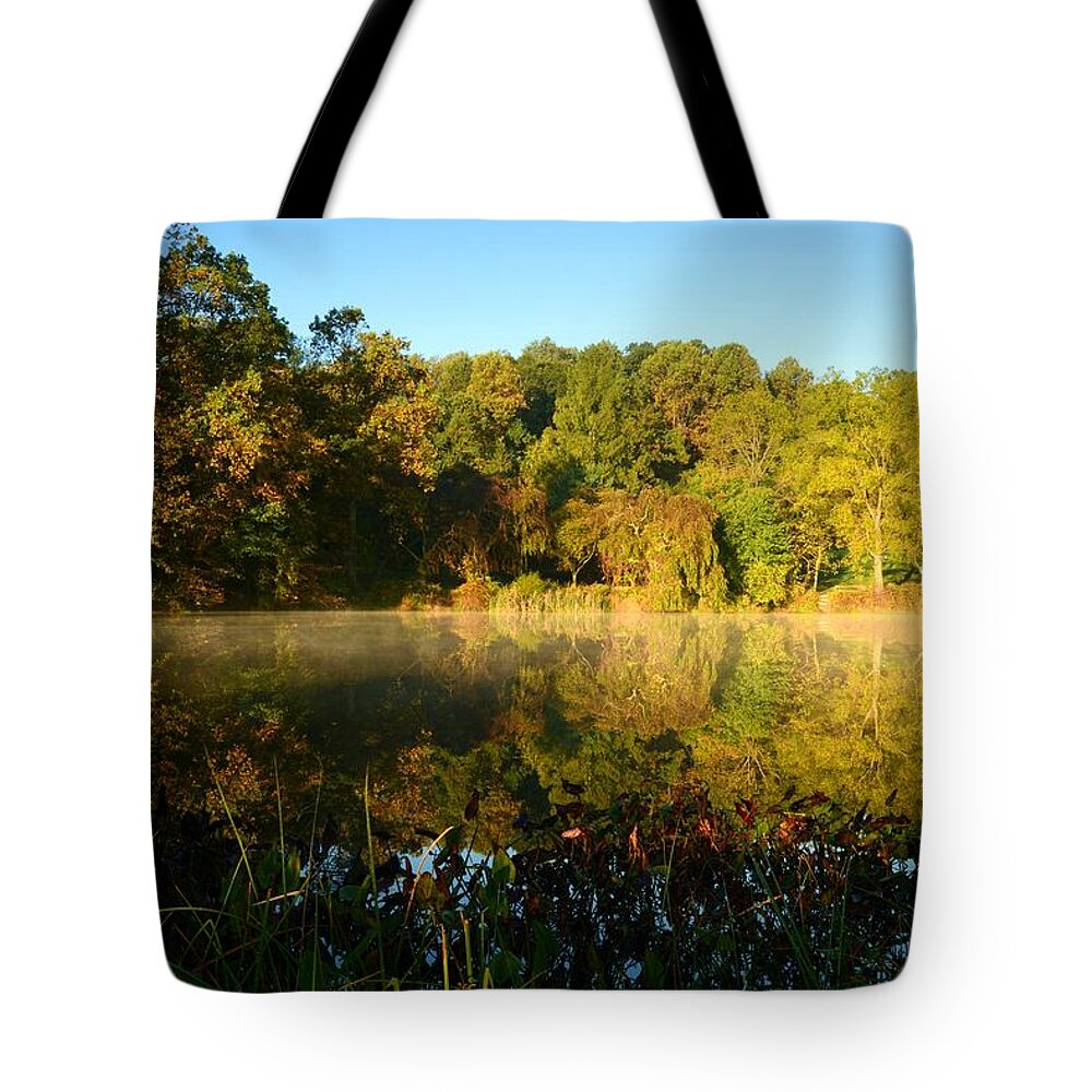 Autumn Landscapes Tote Bag featuring the photograph A Morning To Reflect by Angie Tirado