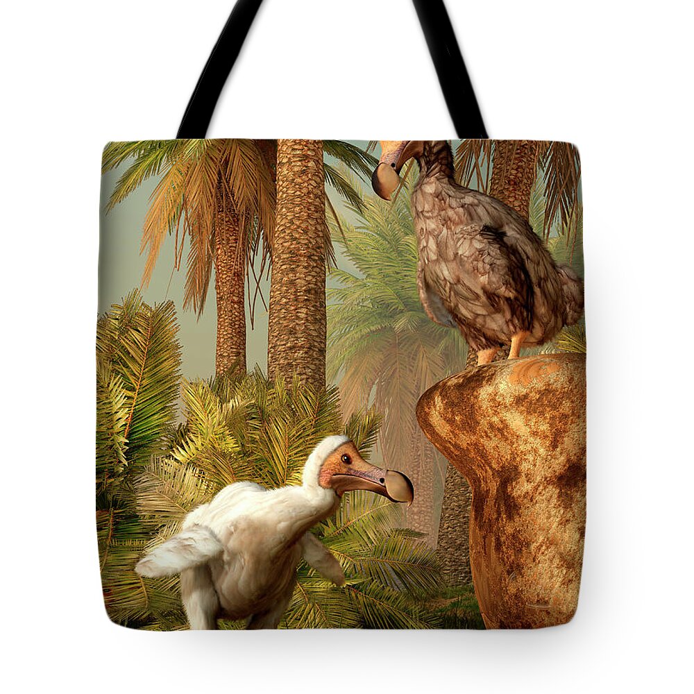 Prehistoric Era Tote Bag featuring the digital art A Pair Of Dodo Birds Play A Game Of by Daniel Eskridge/stocktrek Images