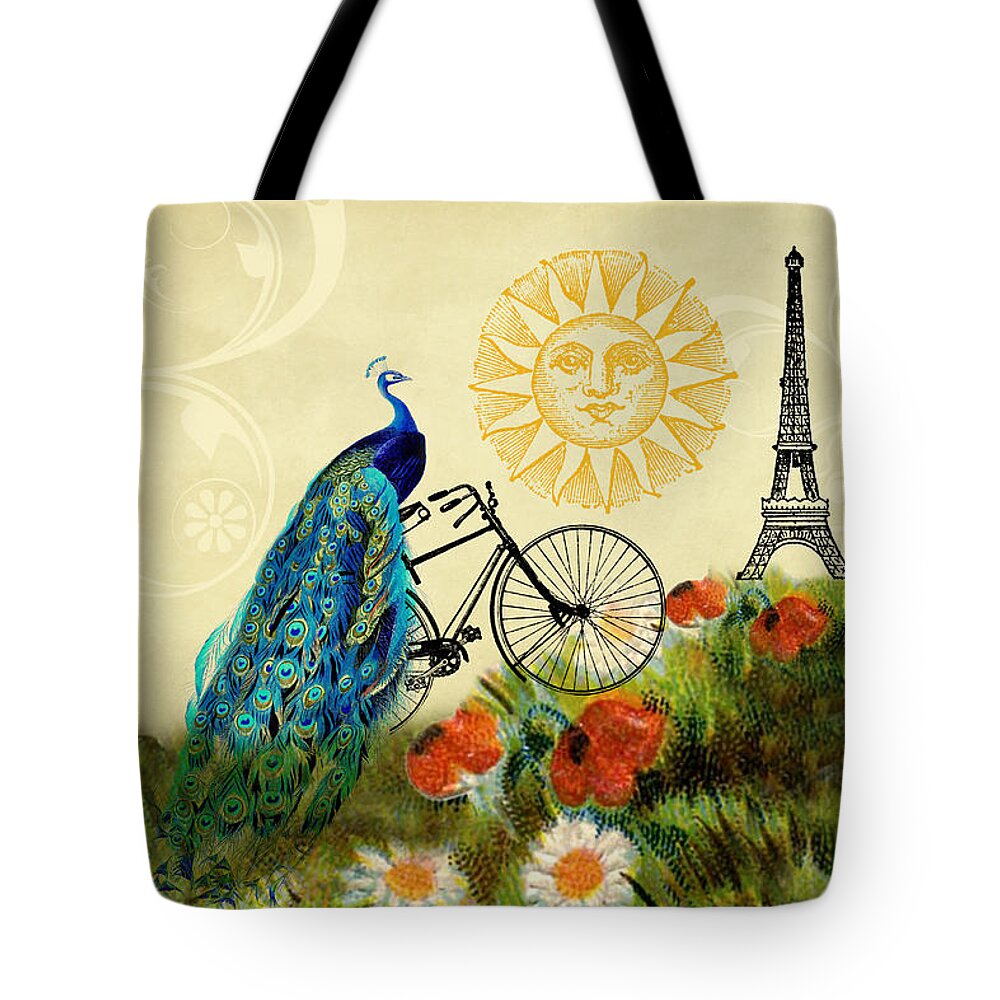 Peacocks Tote Bag featuring the digital art A Peacock in Paris by Peggy Collins