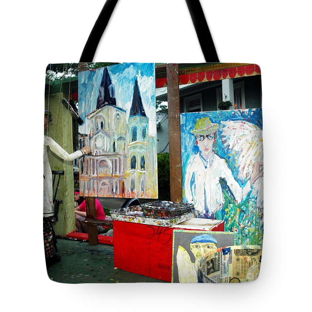 Painting Tote Bag featuring the photograph A Puppet Paints in New Orleans by Mary Capriole