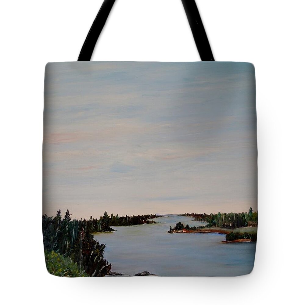 Manigotagan River Tote Bag featuring the painting A river shoreline by Marilyn McNish