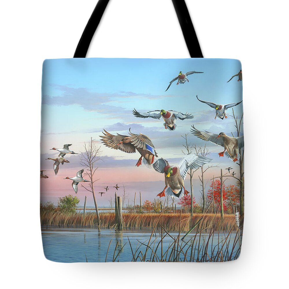 Mallards Tote Bag featuring the painting A Safe Return by Mike Brown