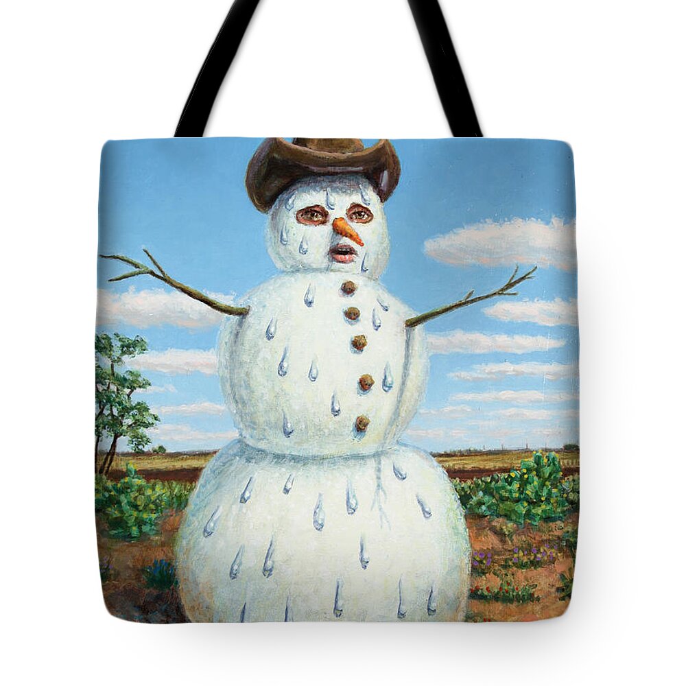 Snowman Tote Bag featuring the painting A Snowman in Texas by James W Johnson