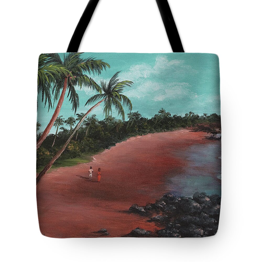 Tropical Island Tote Bag featuring the painting A stroll on a tropical beach by Darice Machel McGuire