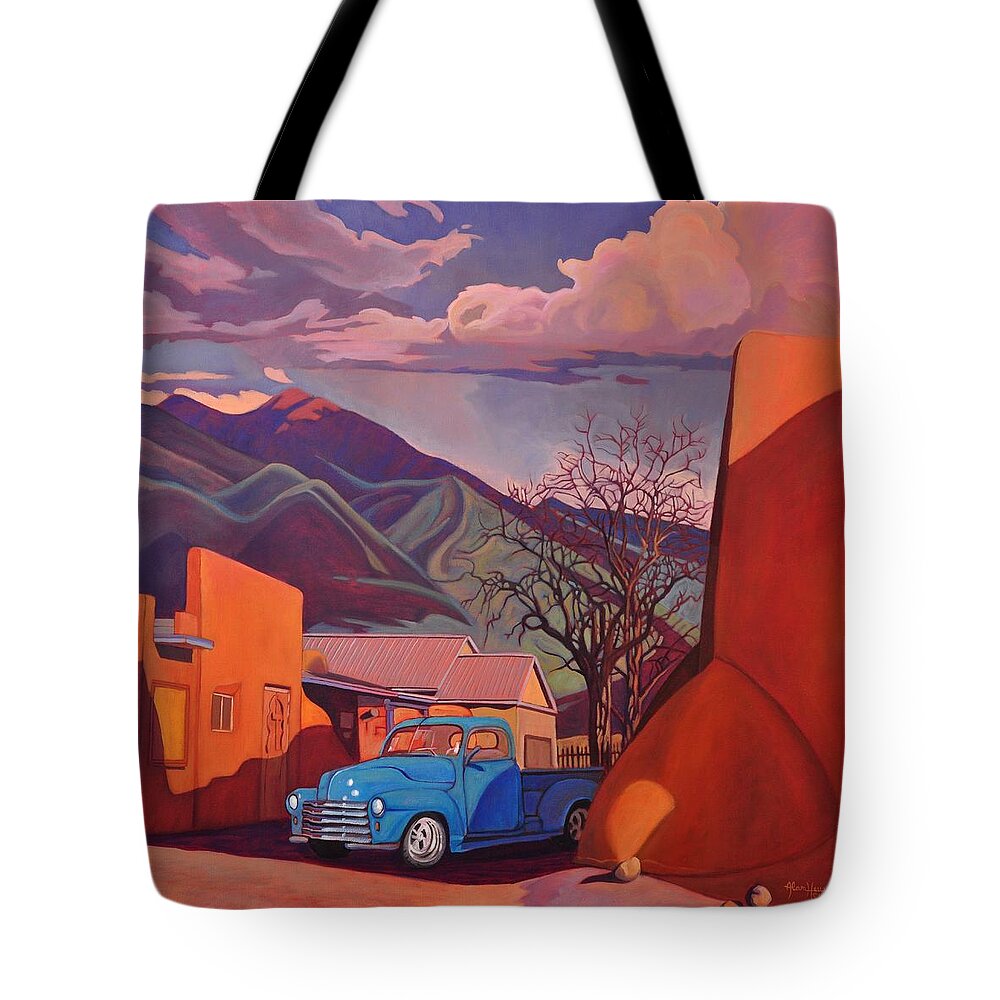 Old Tote Bag featuring the painting A Teal Truck in Taos by Art West
