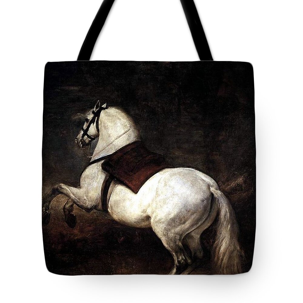 A White Horse By Diego Velazquez Tote Bag featuring the painting A White Horse by Diego Velazquez by MotionAge Designs