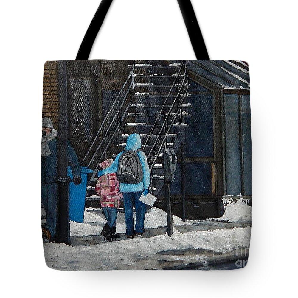 Urban Scenes Tote Bag featuring the painting A Winter Walk on Wellington by Reb Frost