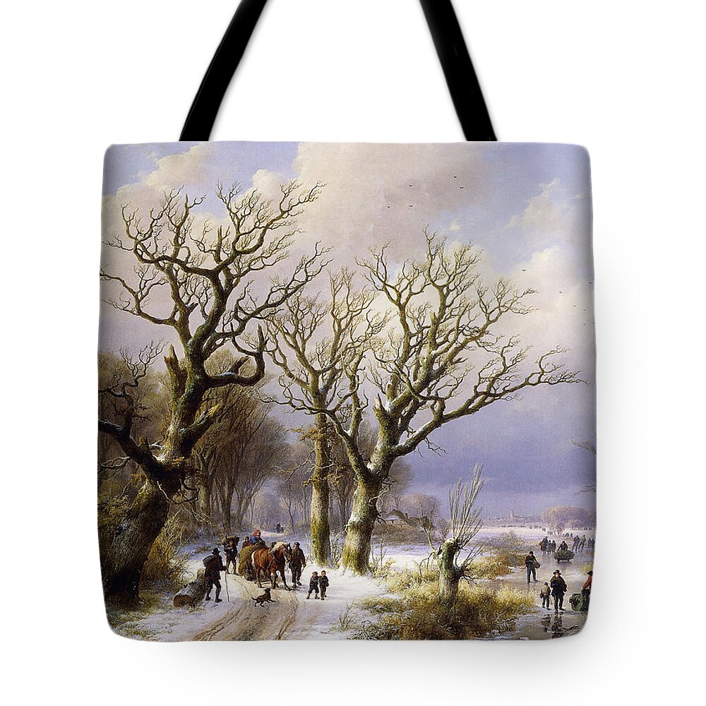 A Wooded Winter Landscape With Figures Tote Bag featuring the painting A Wooded Winter Landscape with Figures by Verboeckhoven and Klombeck