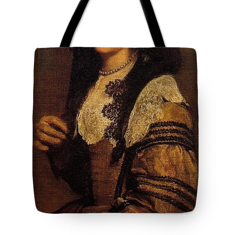 A Young Lady By Diego Velazquez Tote Bag featuring the painting A Young Lady by Diego Velazquez by MotionAge Designs
