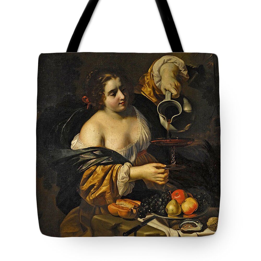 Nicolas Regnier Tote Bag featuring the painting A young woman pouring red wine from a pitcher into a glass by Nicolas Regnier