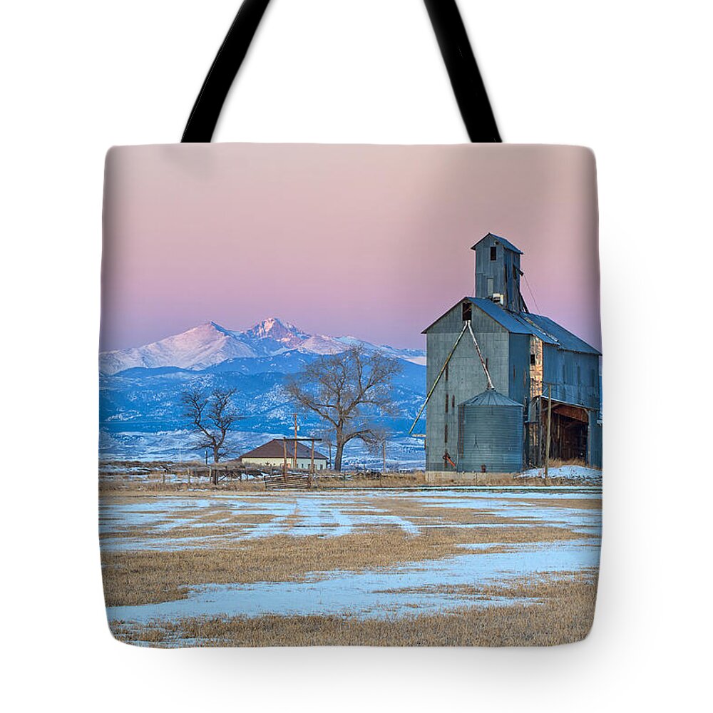 Grain Mill Tote Bag featuring the photograph Abandon Grain Mill at Sunrise as the Moon sets on the Mountains by Ronda Kimbrow