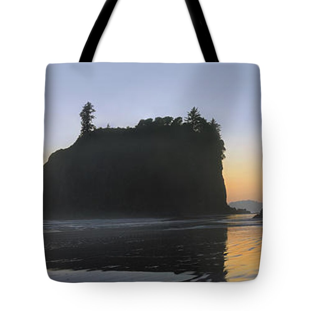 Feb0514 Tote Bag featuring the photograph Abby Island And Seastacks At Sunset by Tim Fitzharris