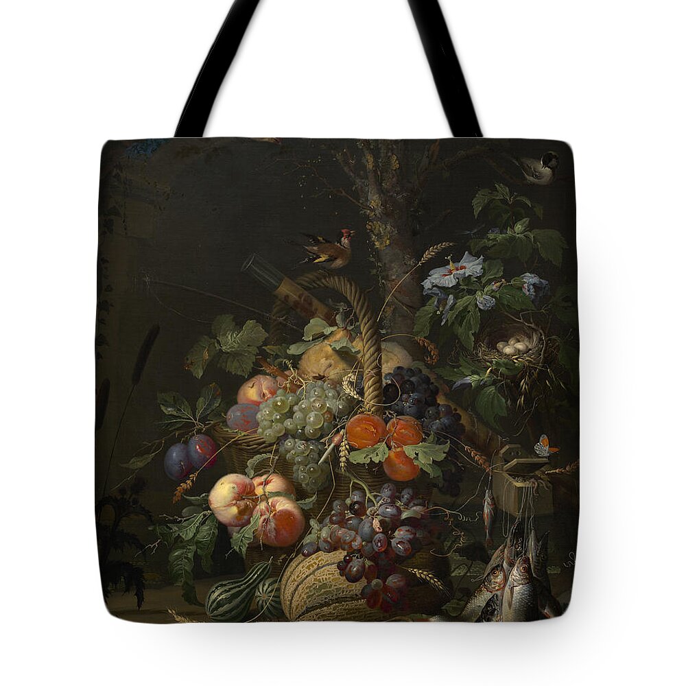 Abraham Mignon Still Life With Fruit Fish And A Nest C 1675 Tote Bag featuring the painting Abraham Mignon Still Life with Fruit Fish and a Nest c 1675 by MotionAge Designs