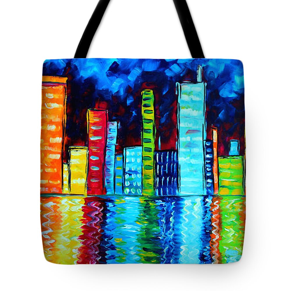Abstract Tote Bag featuring the painting Abstract Art Landscape City Cityscape Textured Painting CITY NIGHTS II by MADART by Megan Duncanson