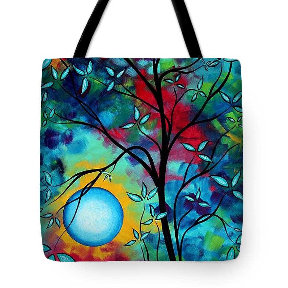 Art Tote Bag featuring the painting Abstract Art Landscape Tree Blossoms Sea Painting UNDER THE LIGHT OF THE MOON I by MADART by Megan Duncanson