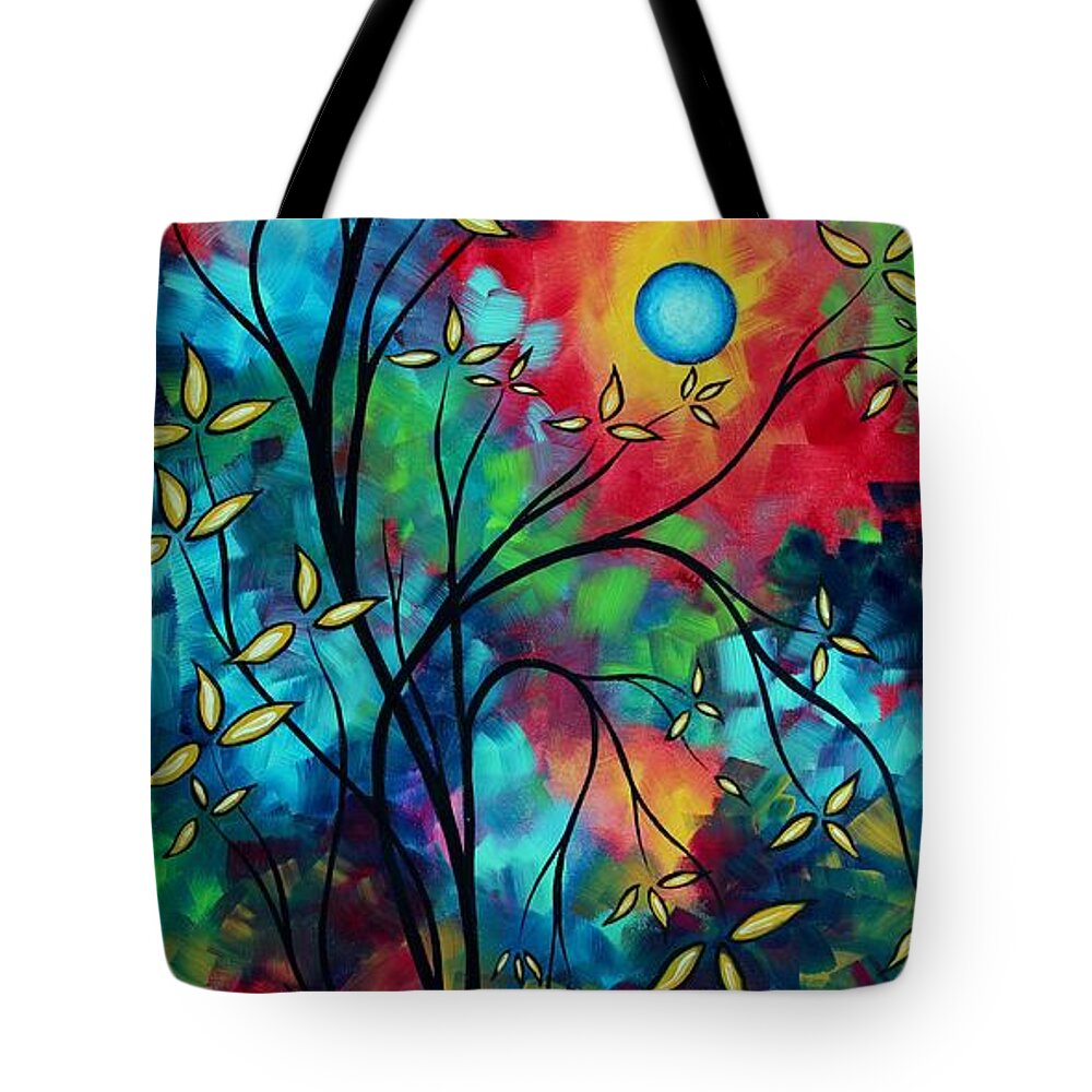 Art Tote Bag featuring the painting Abstract Art Landscape Tree Blossoms Sea Painting UNDER THE LIGHT OF THE MOON II by MADART by Megan Duncanson