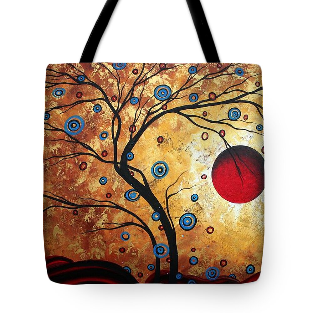 Abstract Tote Bag featuring the painting Abstract Art Landscape Tree Metallic Gold Texture Painting FREE AS THE WIND by MADART by Megan Duncanson
