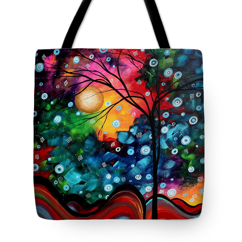 Abstract Tote Bag featuring the painting Abstract Art Landscape Tree Painting BRILLIANCE IN THE SKY MADART by Megan Aroon