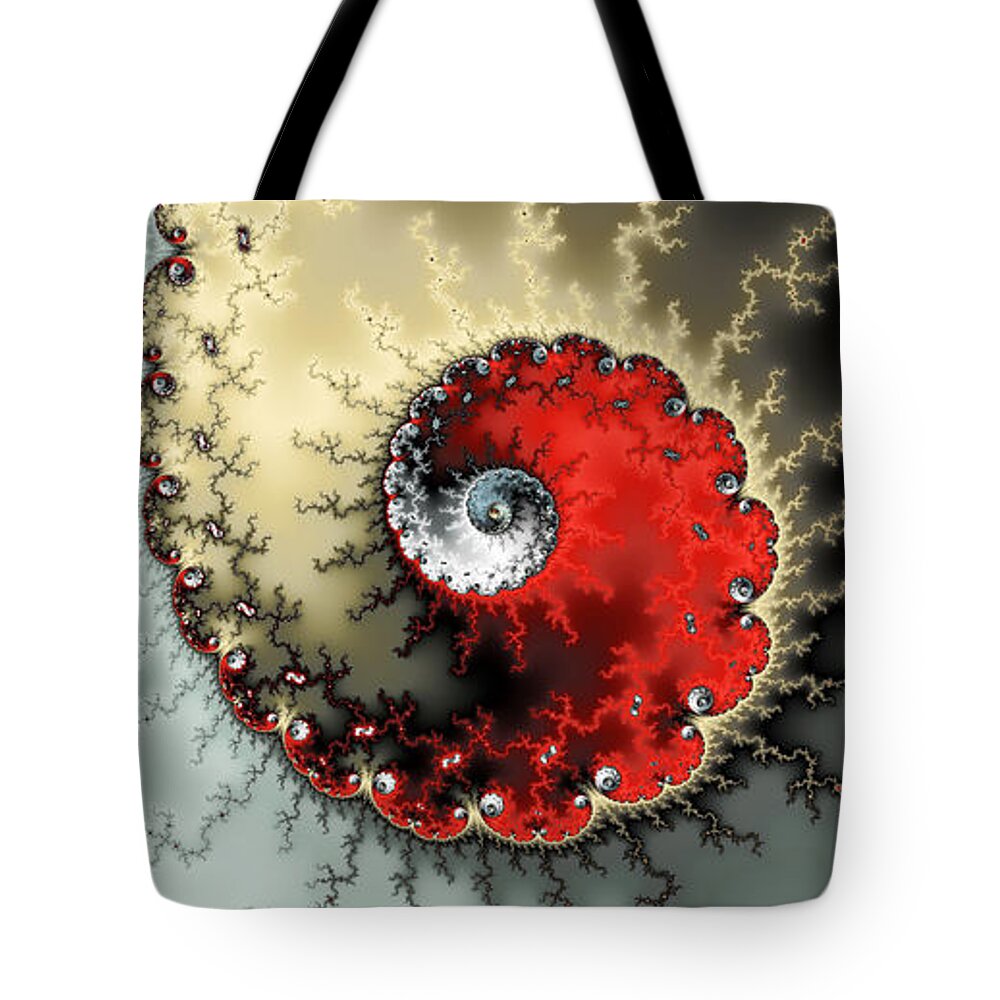 Red Tote Bag featuring the digital art Abstract fractal spiral art red yellow grey by Matthias Hauser