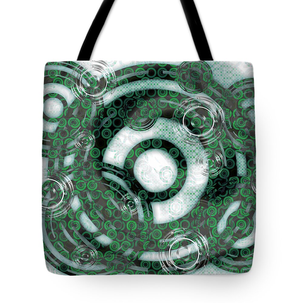 Circle Tote Bag featuring the digital art Abstract Rings - Green by Shawna Rowe