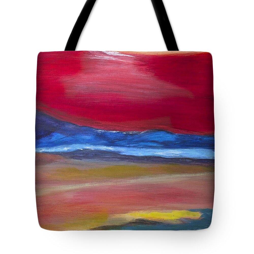 Red Tote Bag featuring the painting Abstract Sunet by Dick Bourgault