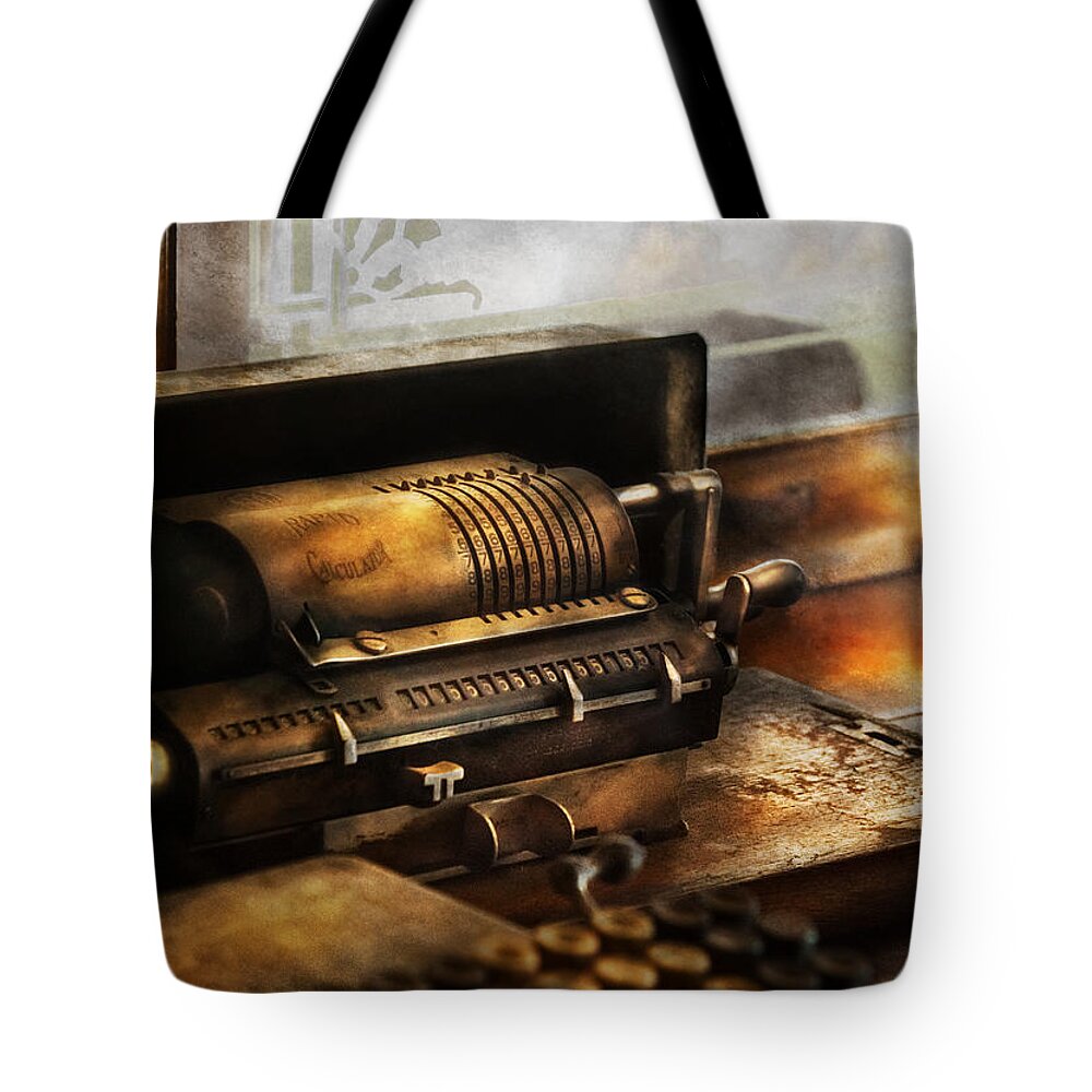 Suburbanscenes Tote Bag featuring the photograph Accountant - The Adding Machine by Mike Savad