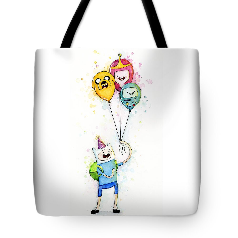 Jake Tote Bag featuring the painting Adventure Time Finn with Birthday Balloons Jake Princess Bubblegum BMO by Olga Shvartsur