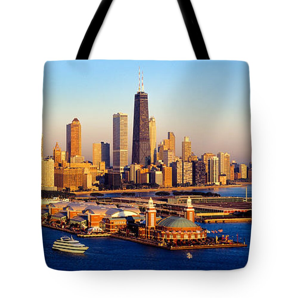 Photography Tote Bag featuring the photograph Aerial View Of A City, Navy Pier, Lake by Panoramic Images