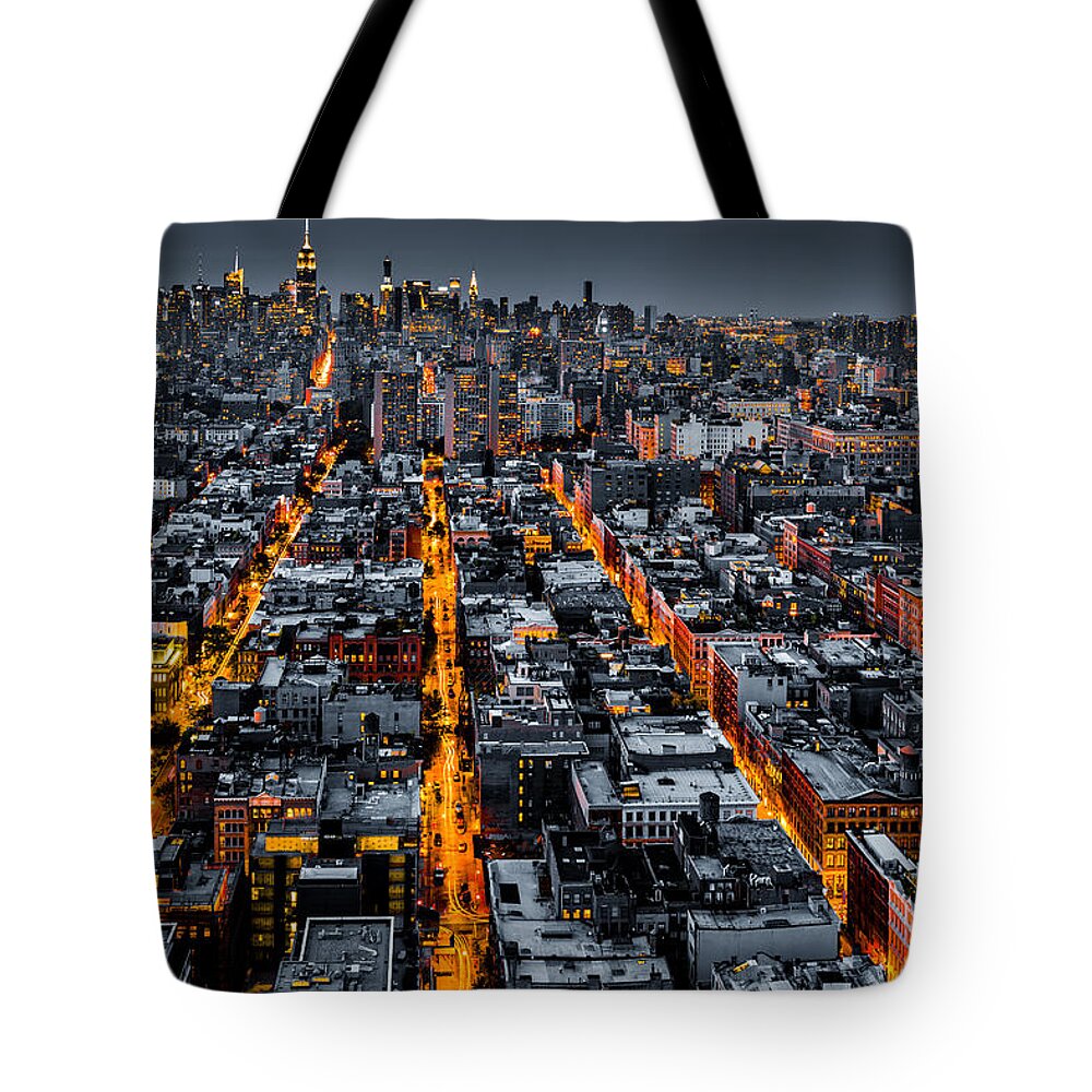 Aerial Tote Bag featuring the photograph Aerial view of New York City at night by Mihai Andritoiu