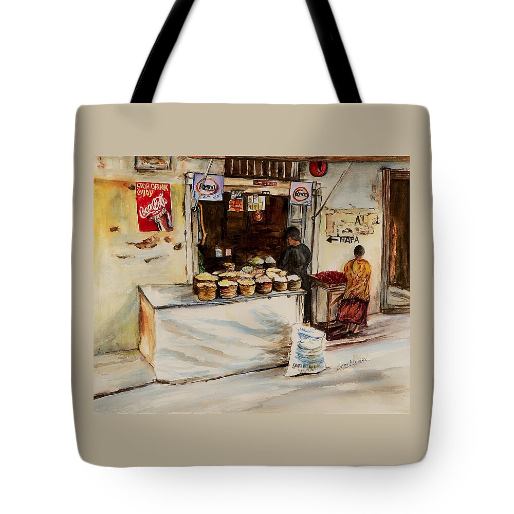 Duka Tote Bag featuring the painting African corner store by Sher Nasser
