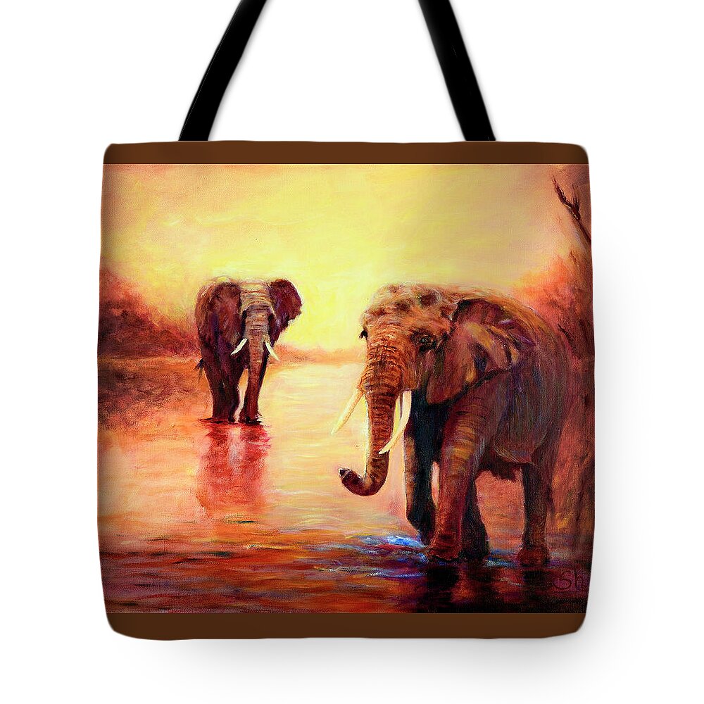 African Elephants Tote Bag featuring the painting African Elephants at Sunset in the Serengeti by Sher Nasser