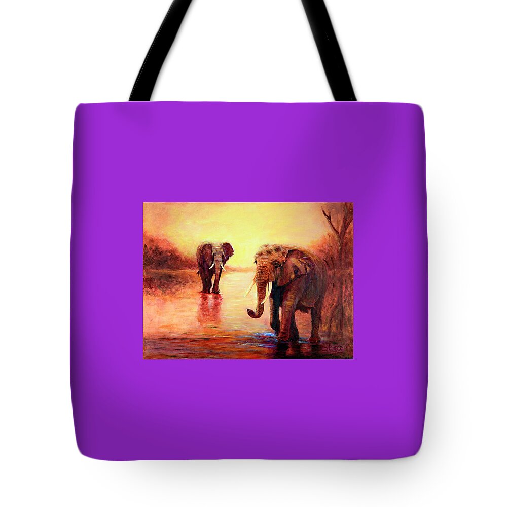 African Elephants Tote Bag featuring the painting African Elephants at Sunset in the Serengeti by Sher Nasser