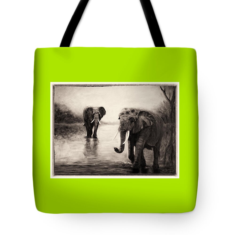 African Elephants Tote Bag featuring the painting African Elephants at Sunset by Sher Nasser