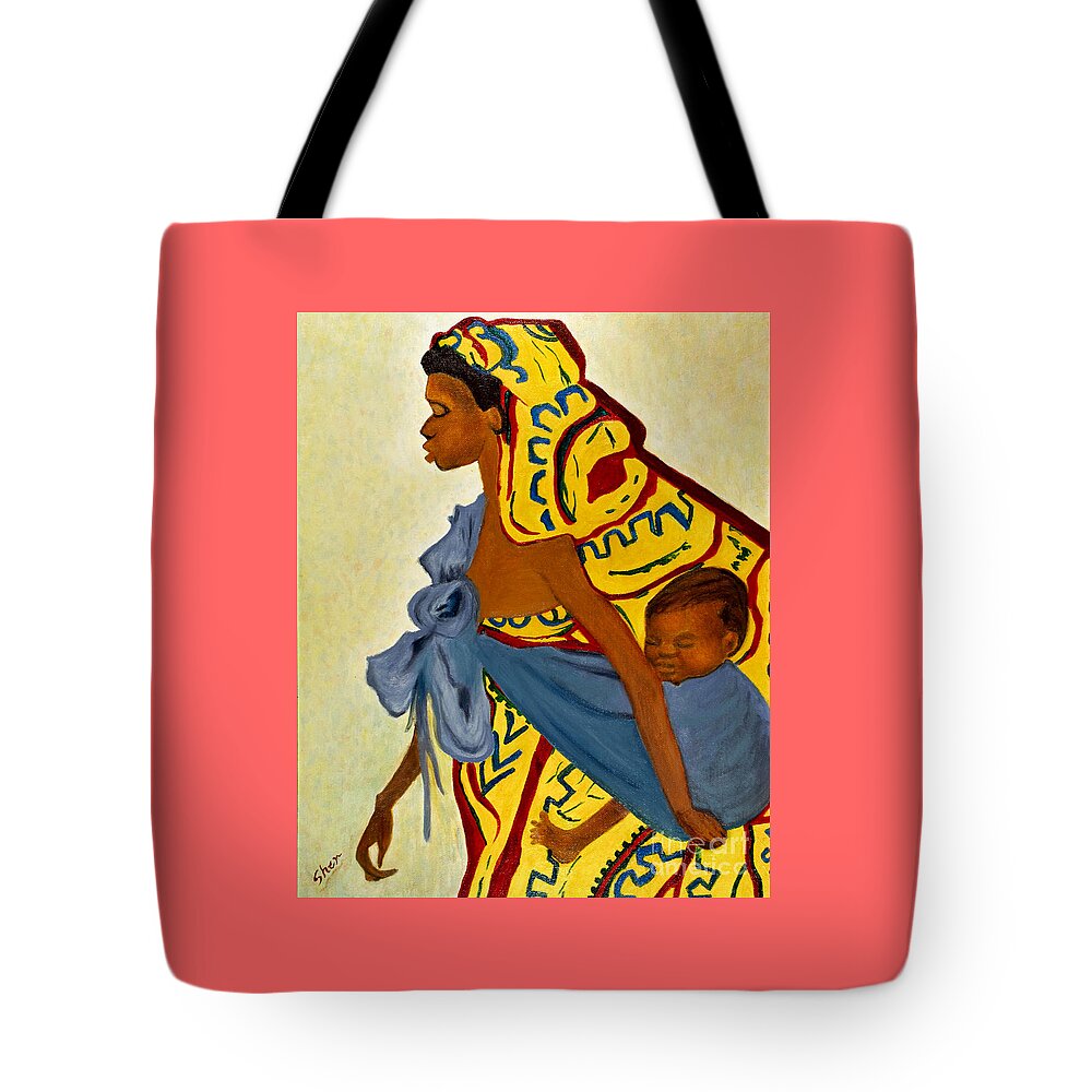 Africa Tote Bag featuring the painting Mama Toto African Mother and Child by Sher Nasser