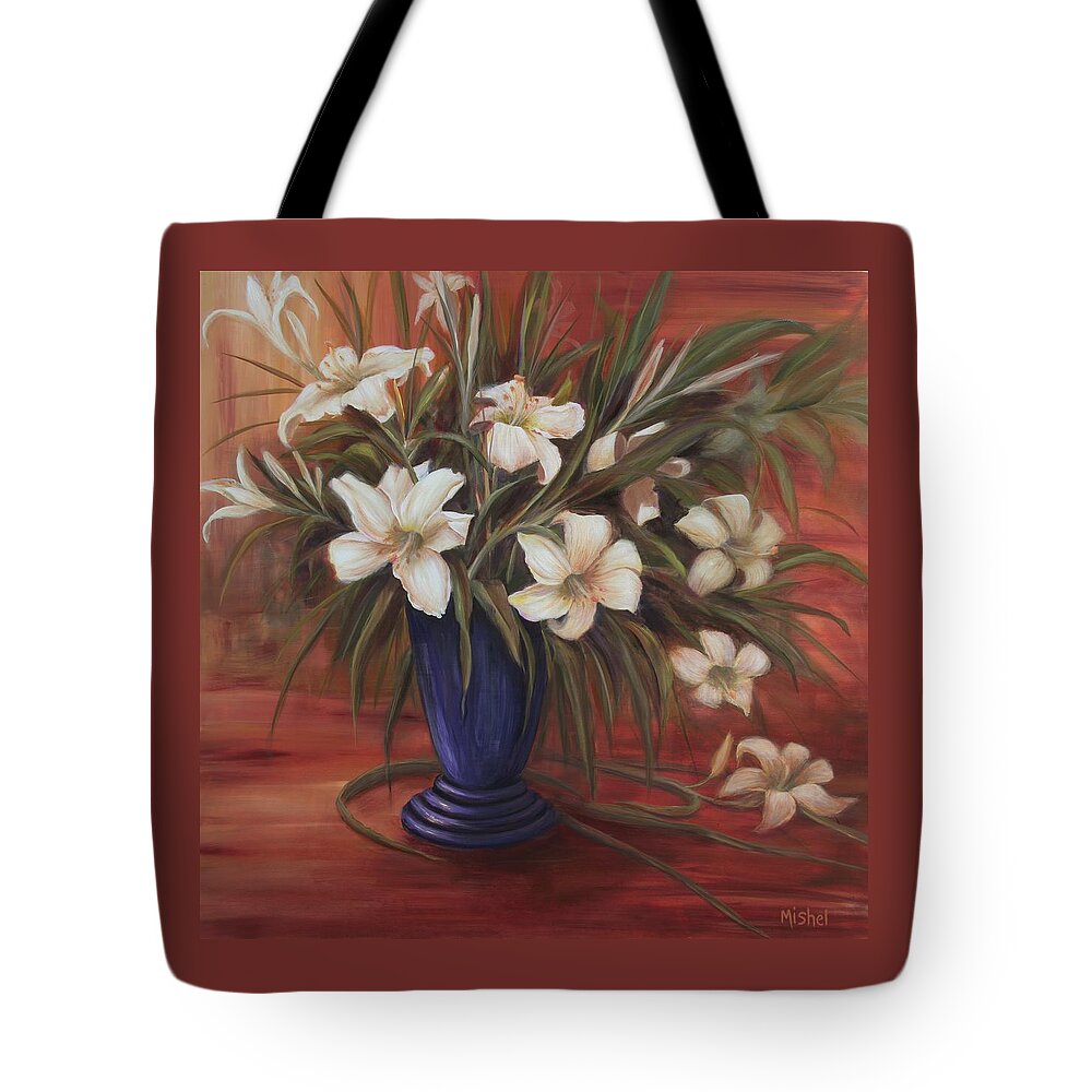 Floral Tote Bag featuring the painting After Noon Lilies by Mishel Vanderten
