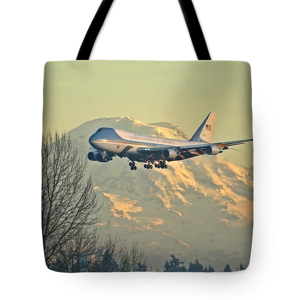 Air Force One Tote Bag featuring the photograph Air Force One and Mt Rainier by Jeff Cook