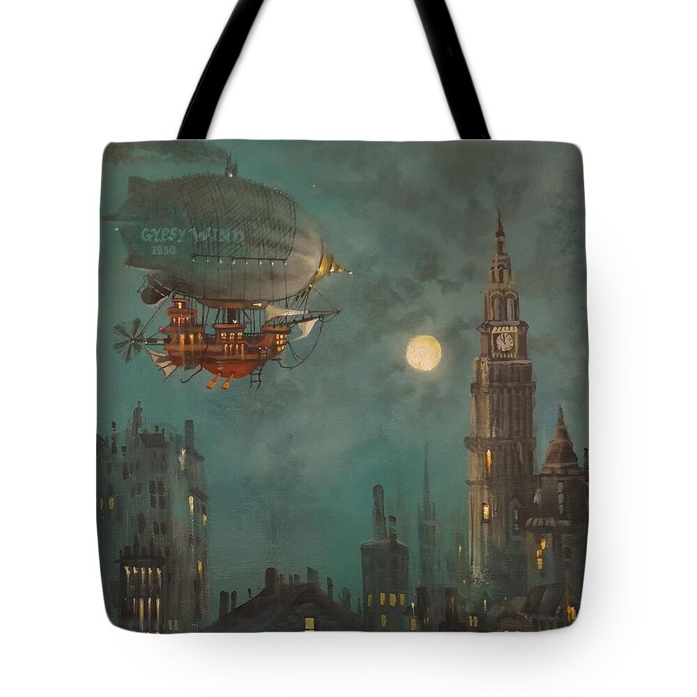 Airship Tote Bag featuring the painting Airship by Moonlight by Tom Shropshire