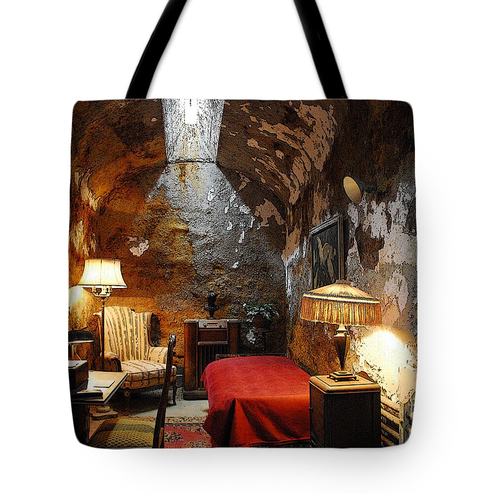 Prison Tote Bag featuring the photograph Al Capone's Cell by Cindy Manero