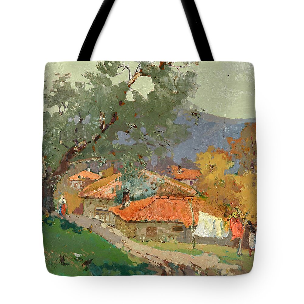 Albanian Countryside Tote Bag featuring the painting Albanian Countryside by Ylli Haruni