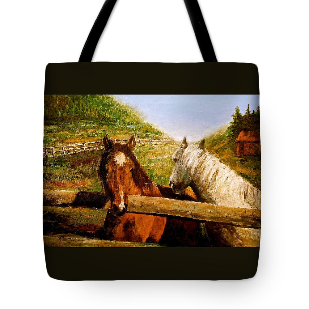 Horses Tote Bag featuring the painting Alberta Horse Farm by Sher Nasser