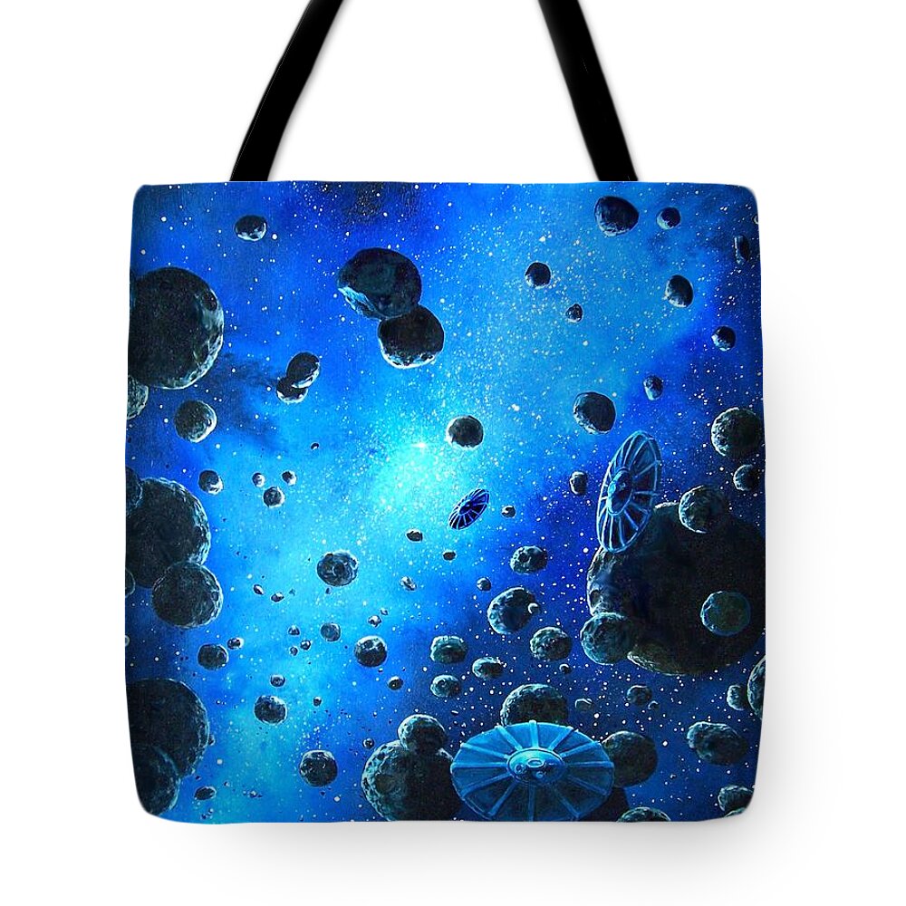 (space Ships) Tote Bag featuring the painting Alien Flying Saucers by Murphy Elliott