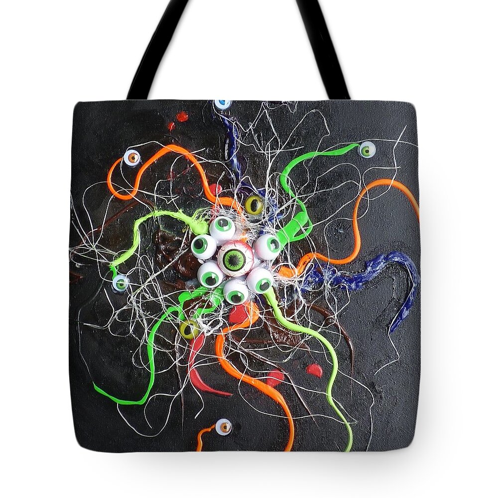 Eye Tote Bag featuring the mixed media Alien Octopus in Spiderweb by Douglas Fromm