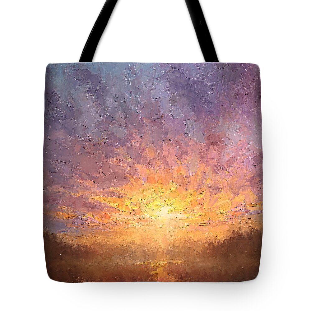 Sunrise Tote Bag featuring the painting Impressionistic Sunrise Landscape Painting by K Whitworth