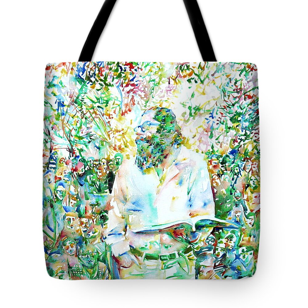 Allen Tote Bag featuring the painting ALLEN GINSBERG reading at the park by Fabrizio Cassetta