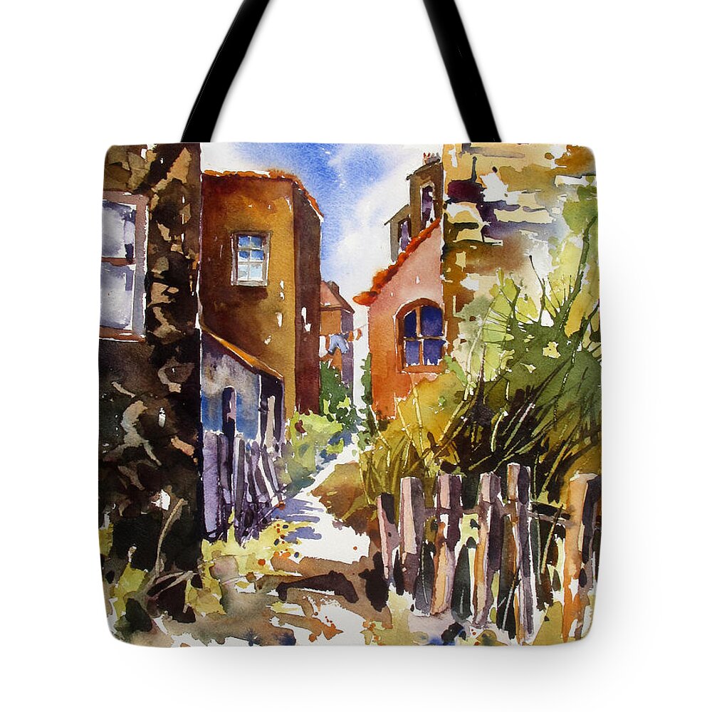Buildings Tote Bag featuring the painting Alleyway Charm 2 by Rae Andrews