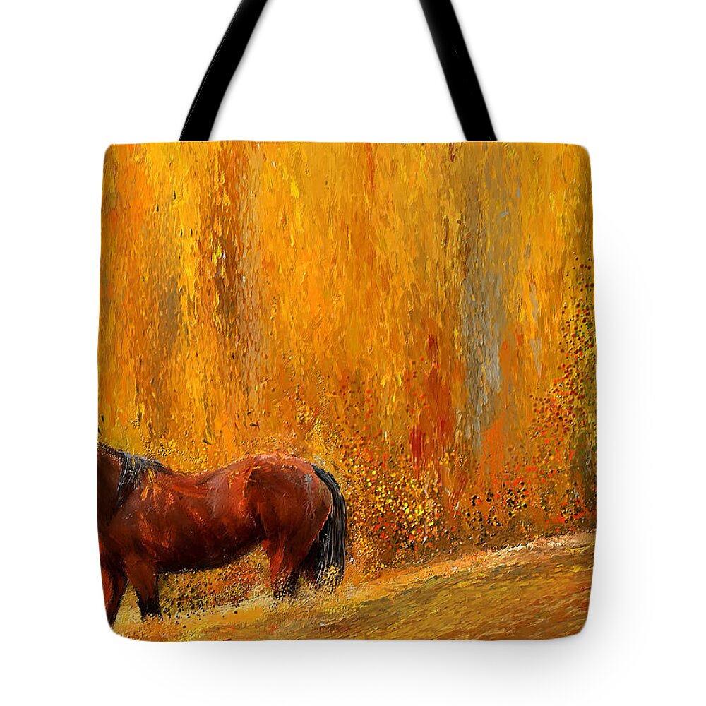 Bay Horse Paintings Tote Bag featuring the painting Alone In Grandeur- Bay Horse Paintings by Lourry Legarde